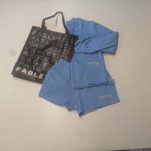 Fabletics Size XS Blue Sweatshirt and *S Shorts with Tote Bag
